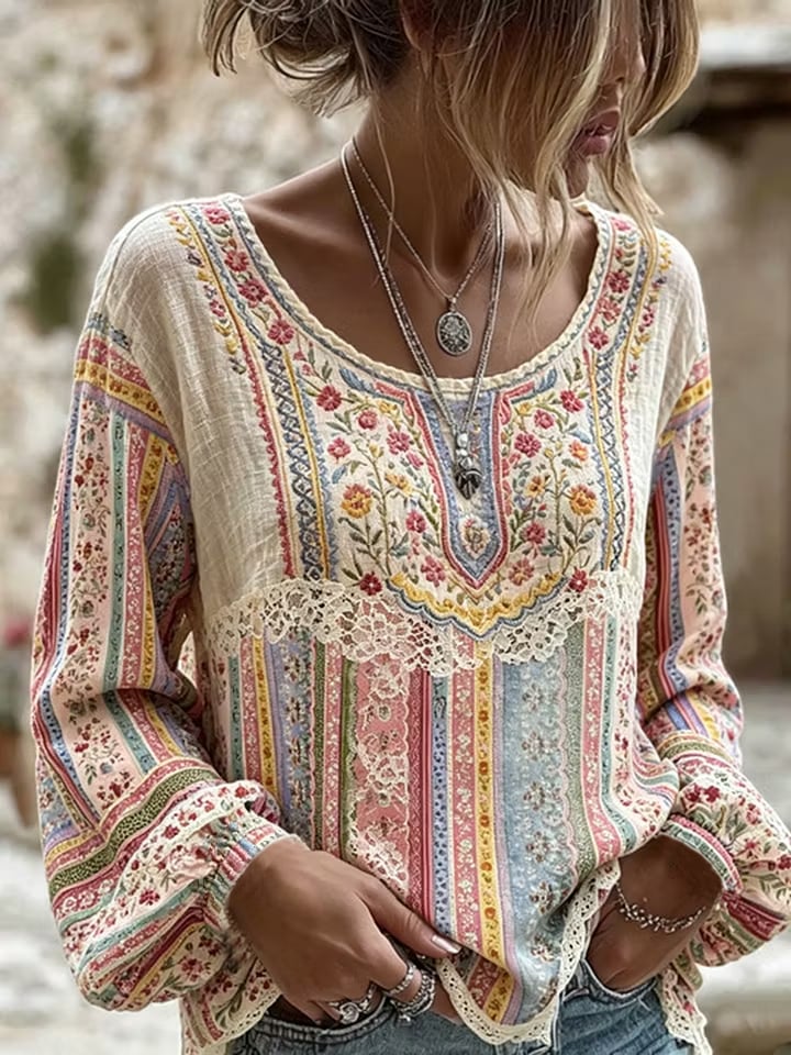 Women's Vintage Floral Breast Cancer Print Top