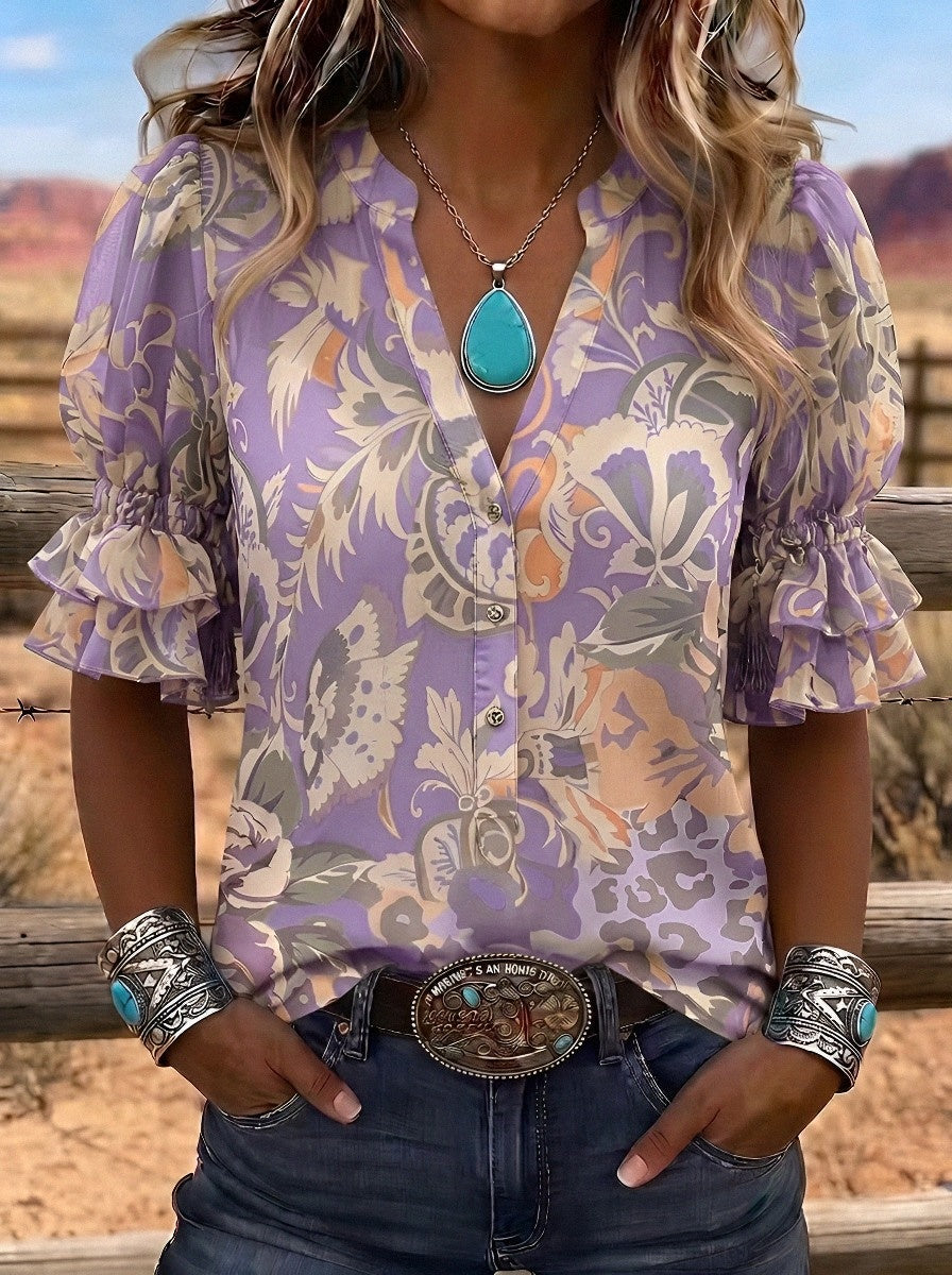 Women's Western Vintage Floral Paisley Printed Blouse