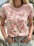 Women'S Casual Pink Floral Print Short-Sleeve Top