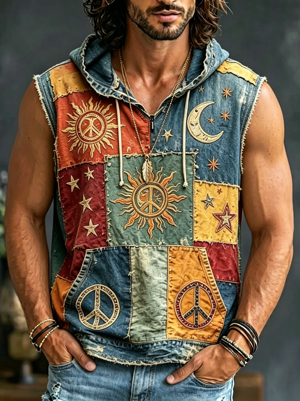 Men's Vintage Peace Sign Patchwork Art Print Hooded Tank Top