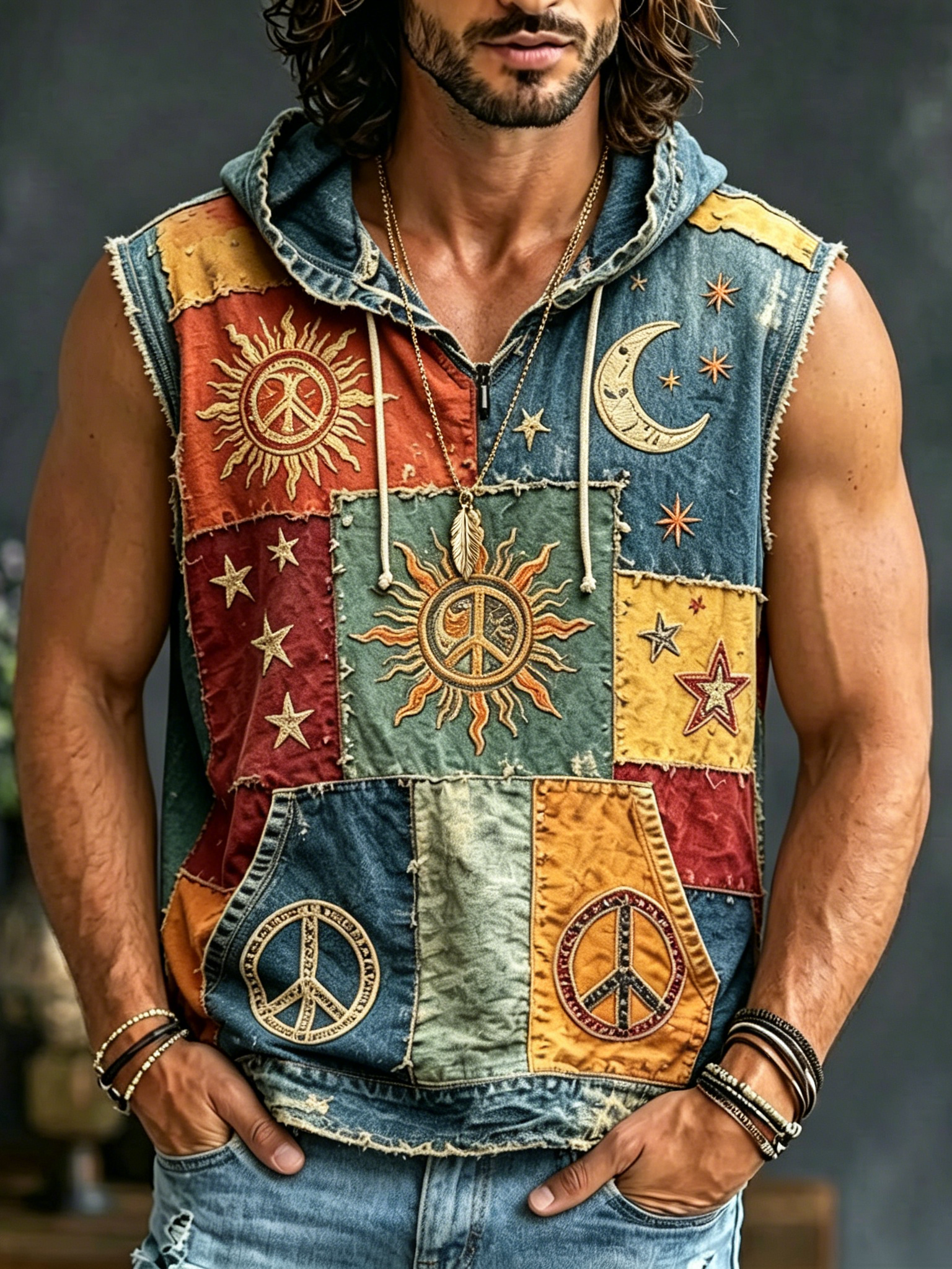 Men's Vintage Peace Sign Patchwork Art Print Hooded Tank Top