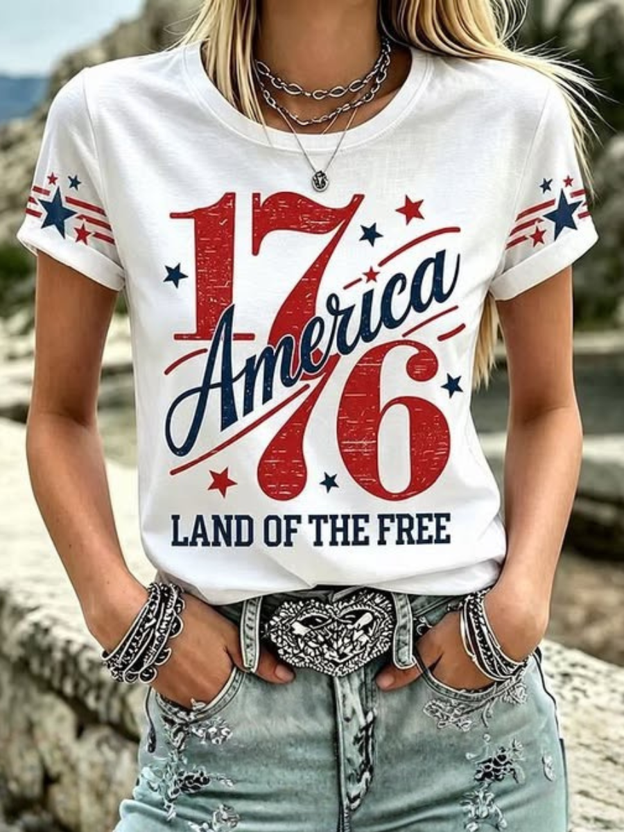 Women's American Flag Printed Round Neck T-shirt