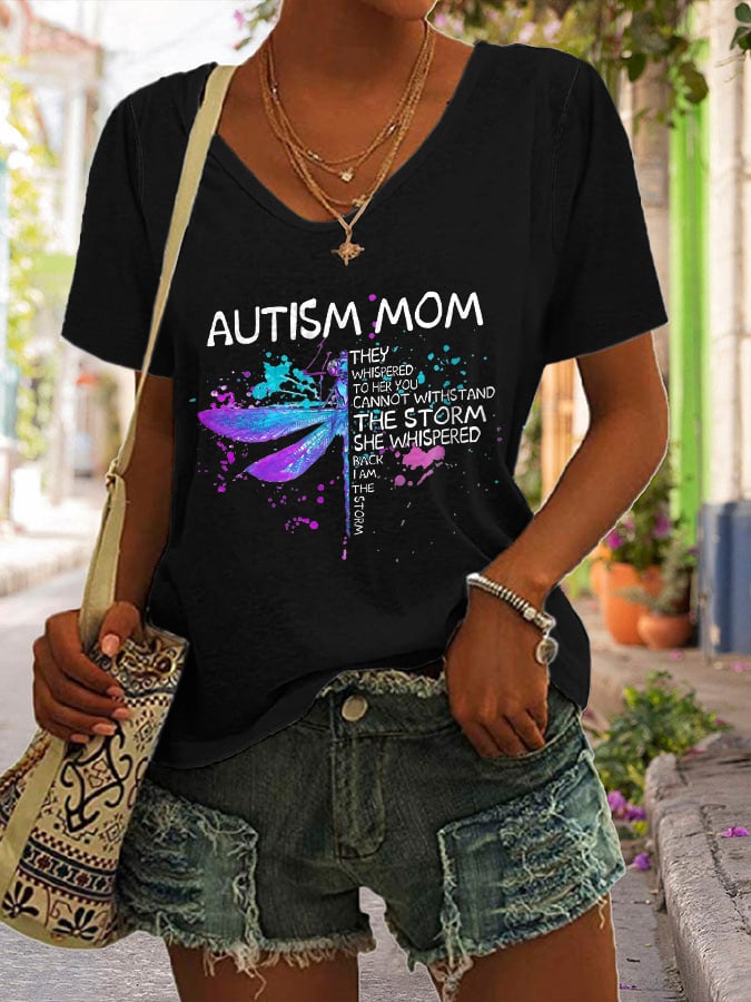 V-neck Retro Dragonfly Autism Mom I Am The Storm Print T-Shirt