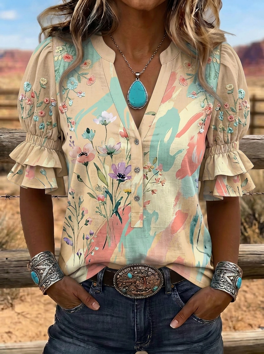 Women's Western Vintage Floral Watercolor Printed V-Neck Top