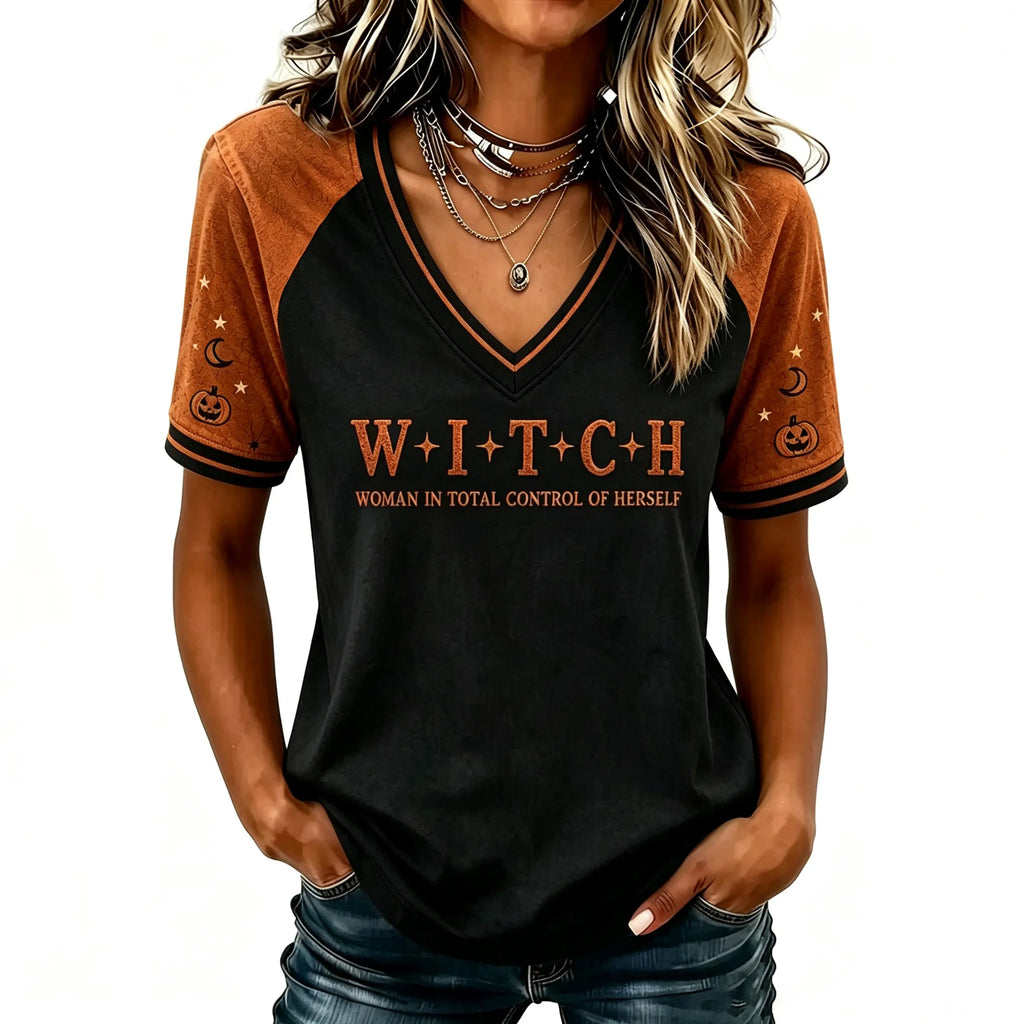 Women's Halloween "woman In Total Control Of Herself" Printed V-neck Short-sleeved T-shirt