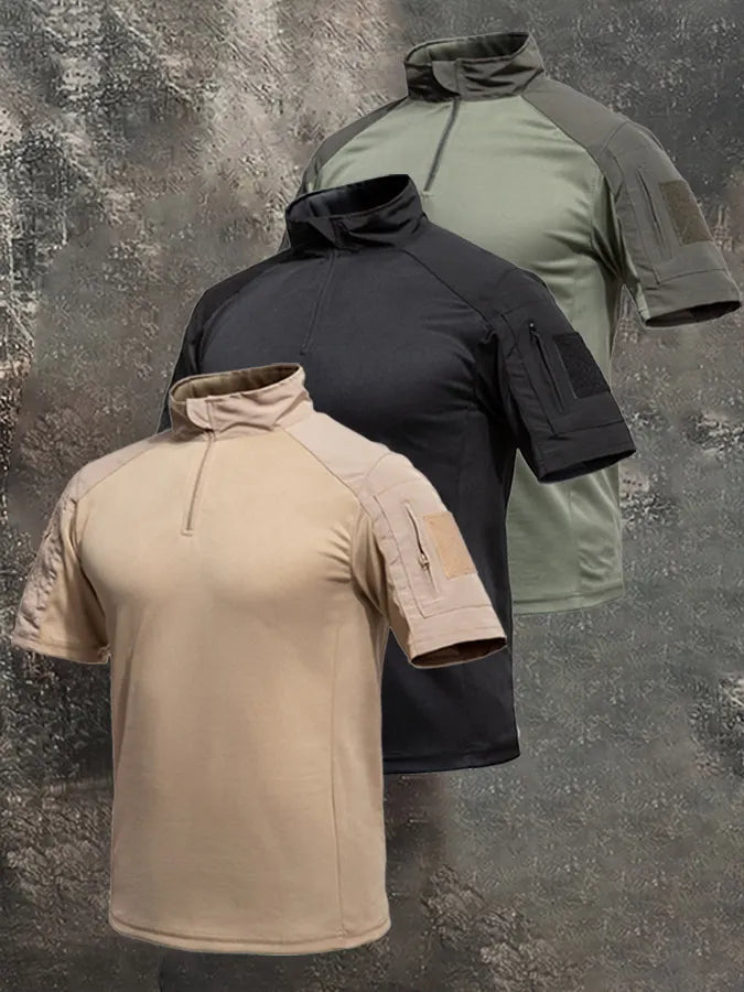 Men's Breathable Military-Style Short-Sleeve Shirt with Stand Collar and Zipper