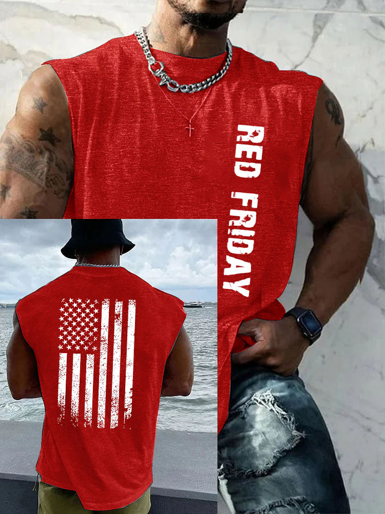Red Friday America Flag Pattern Round Neck 100% Cotton Tank Top