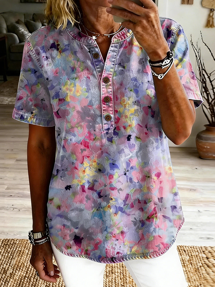 Women's Vintage Colorful Floral Art Print Casual Short-sleeve Top