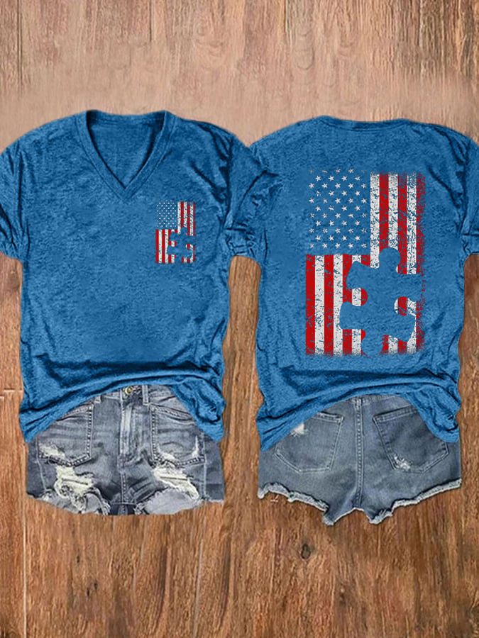 V-neck Retro Autism Awareness Flag Puzzle Print T-Shirt