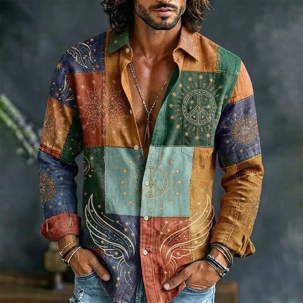 Men's Boho Patchwork Mandala & Peace Sign Print Long-sleeve Shirt