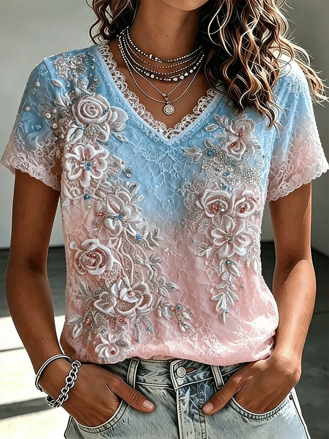 Women's Retro Breast Cancer Floral Print Top