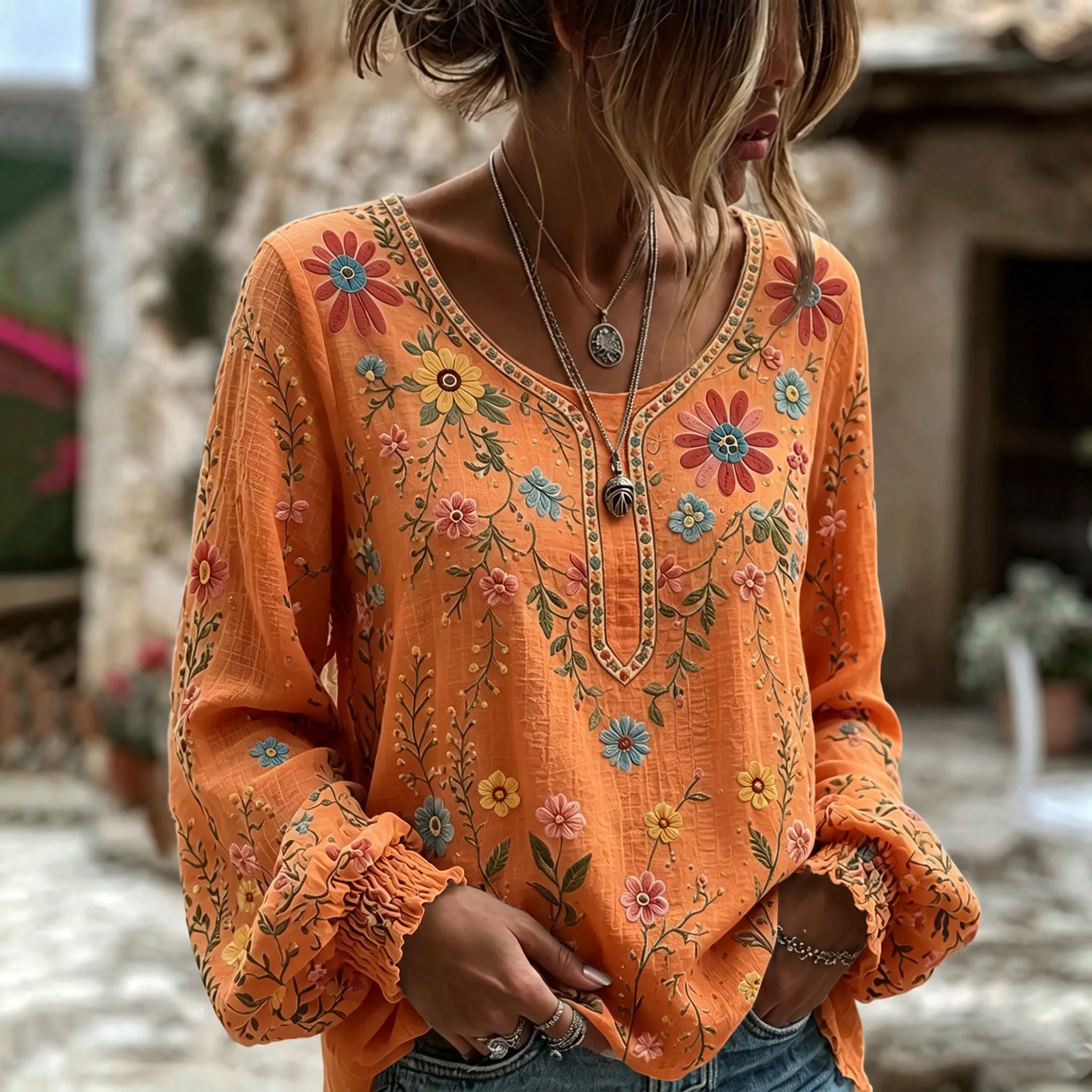 Women's Vintage Floral Art Print Flowy Linen Blend Linen Blend Long Sleeve Casual Tops