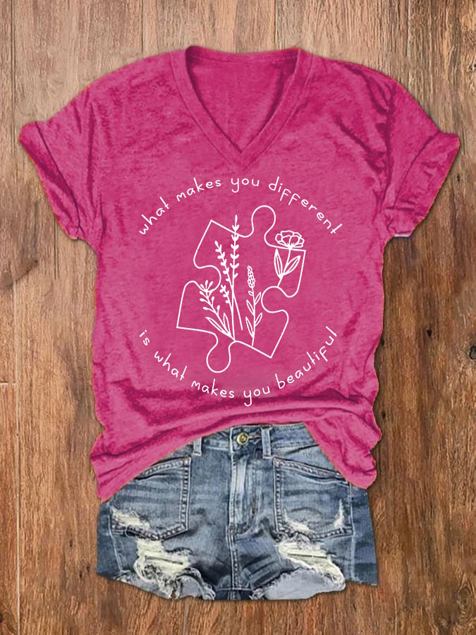 Women's What Makes You Different Is What Makes You Beautiful Autism Awareness V-Neck Tee