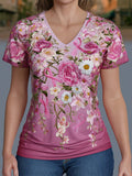 Women's Breast Cancer Awareness Floral Art V-Neck Short-Sleeve T-Shirt