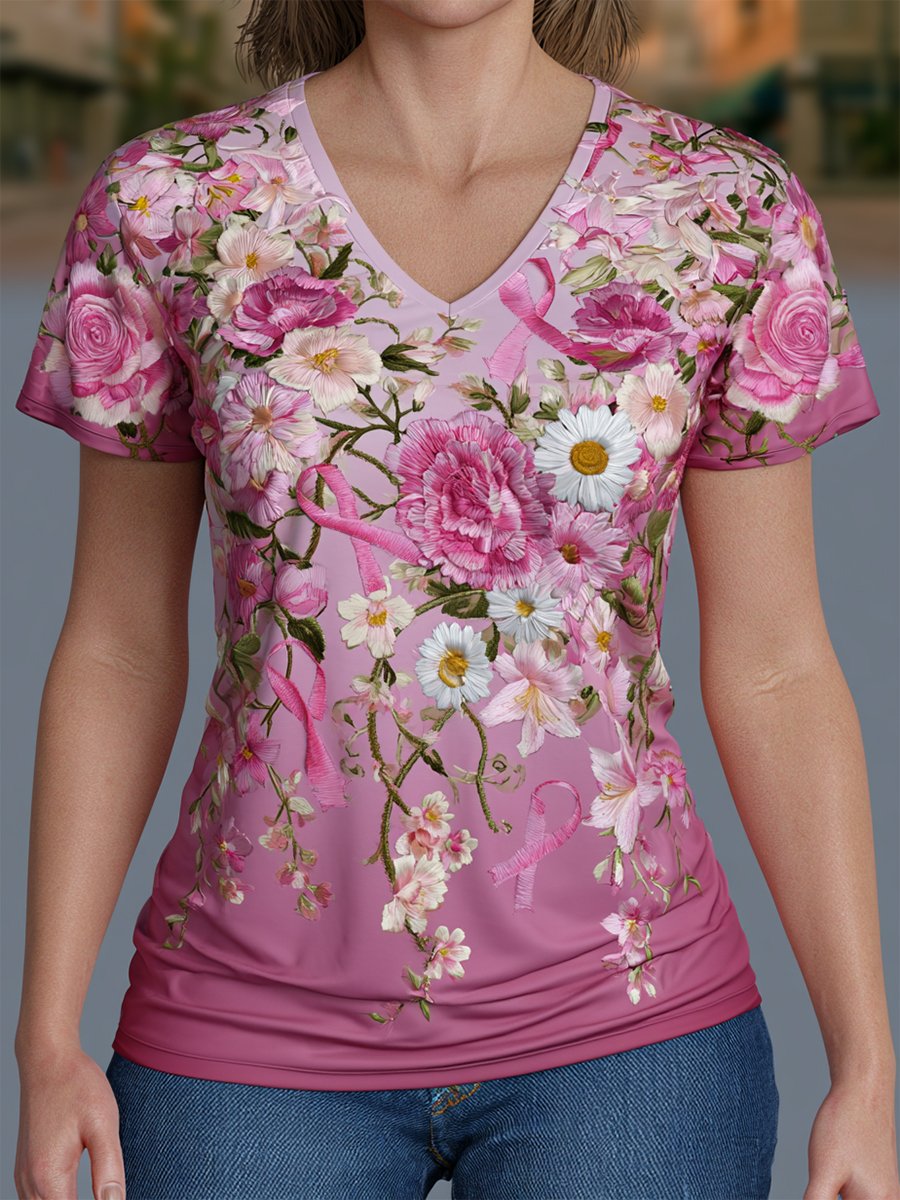 Women's Breast Cancer Awareness Floral Art V-Neck Short-Sleeve T-Shirt