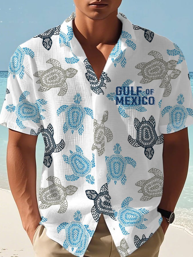 Men's Vacation Gulf of Mexico Turtle Print Waffle Shirt