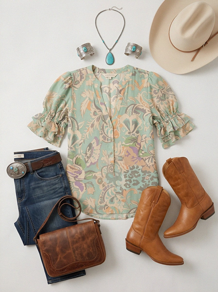 Women's Western Vintage Floral Paisley Printed Blouse