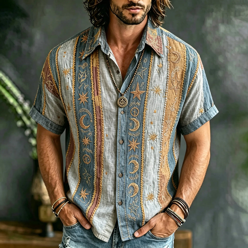Vintage Washed Faded Grey Celestial Patchwork Short Sleeve Shirt, Boho Star Moon Embroidery Men's Casual Top
