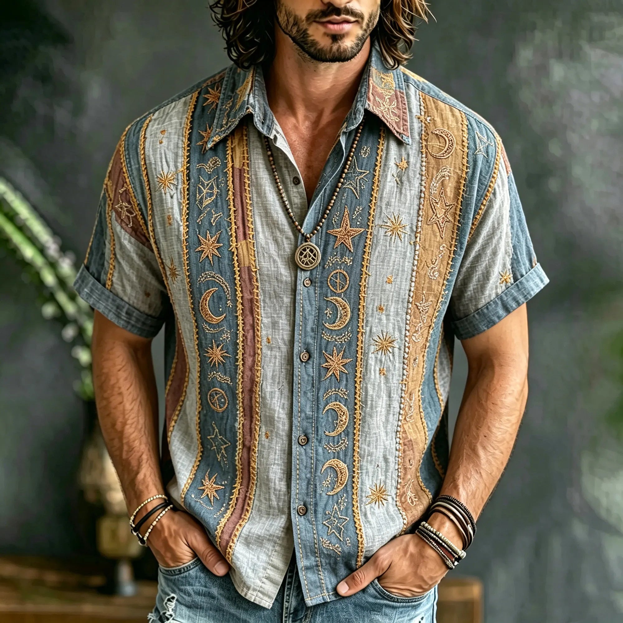Vintage Washed Faded Grey Celestial Patchwork Short Sleeve Shirt, Boho Star Moon Embroidery Men's Casual Top