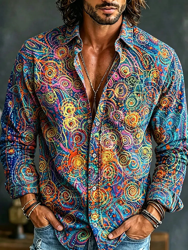 Men's Hippie Abstract Swirl Pattern Boho Graphic Long Sleeve Shirt