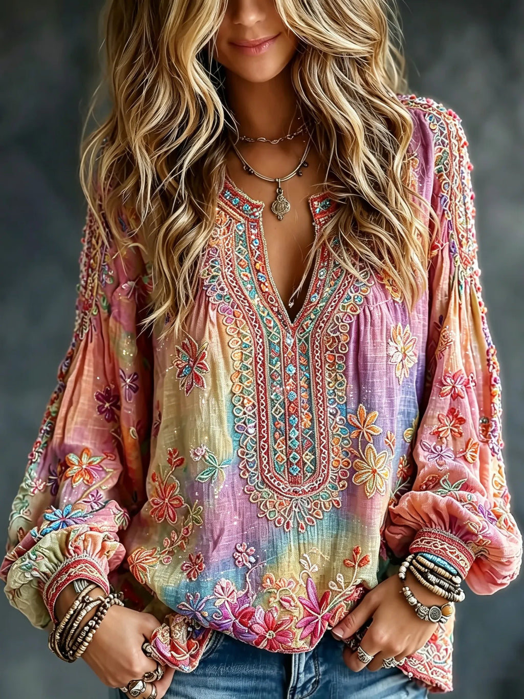 Women's Vintage Floral In Hippie Vibe Art Print Flowy Linen Blend Linen Blend Long Sleeve Casual Tops