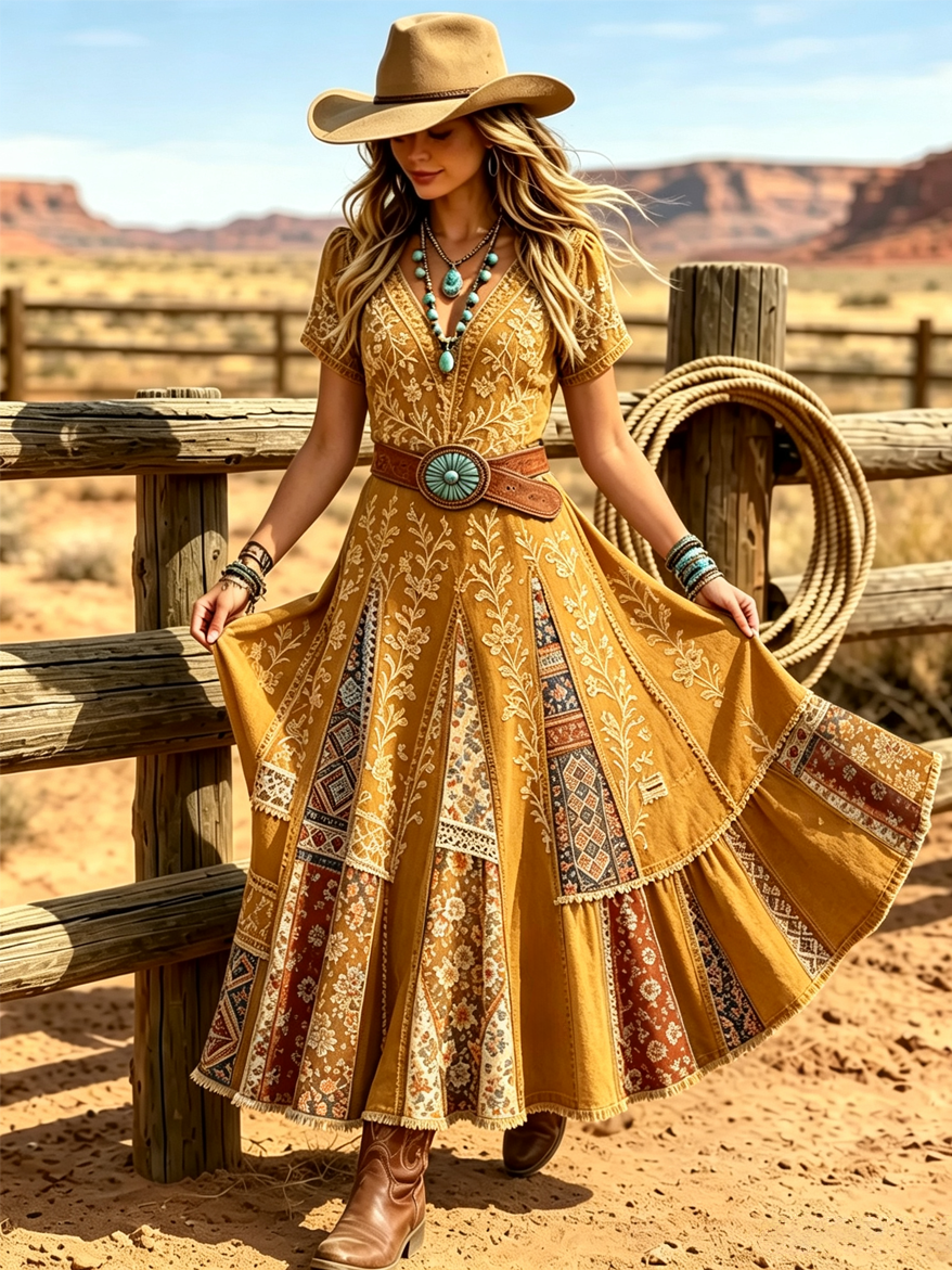 Women's Western Vintage Linen-Blend Maxi Dress