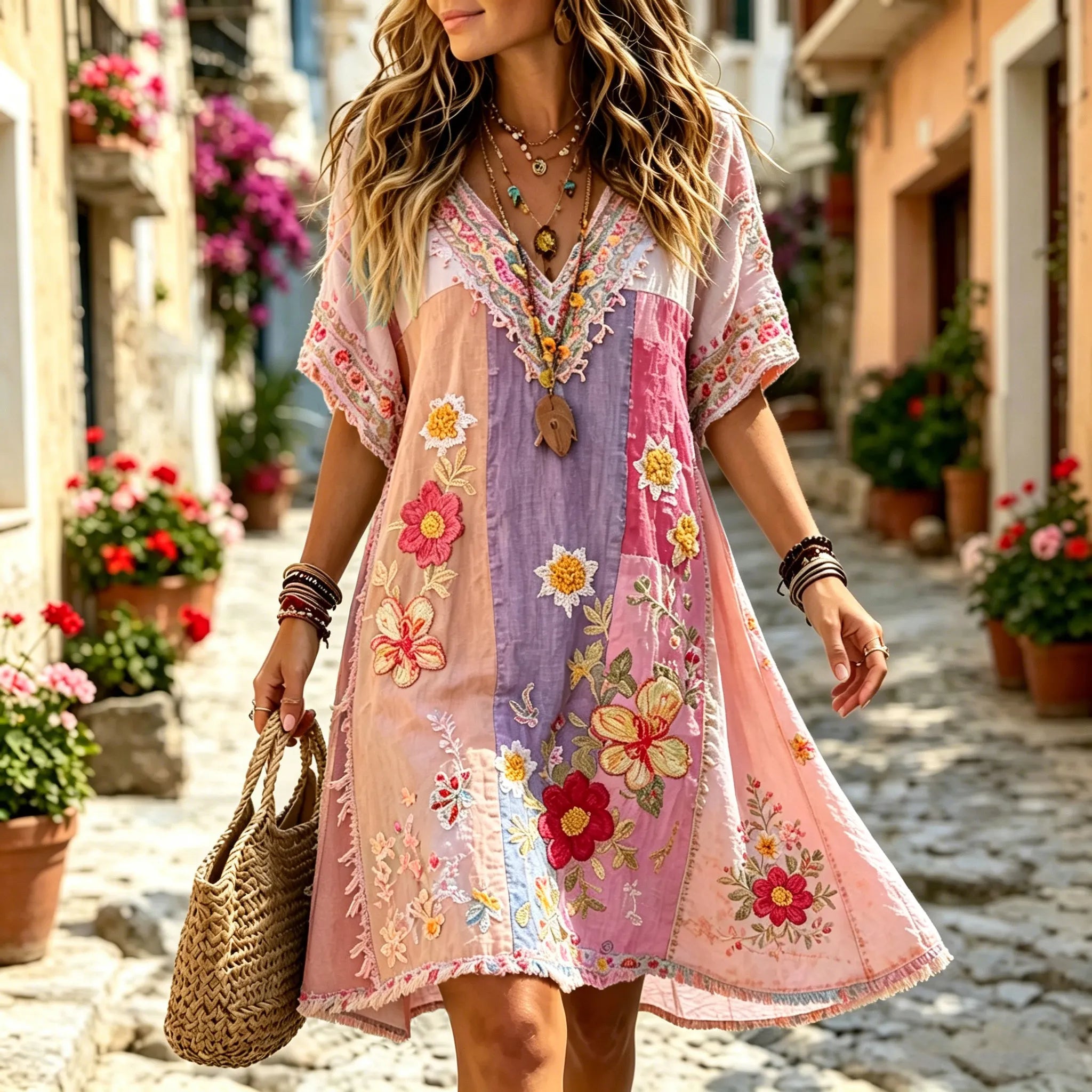 Women's Retro Floral Patchwork Art Cotton Linen Casual Dress