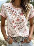 Women's Casual Retro Short-Sleeve Top with Floral Breast Cancer Awareness Print