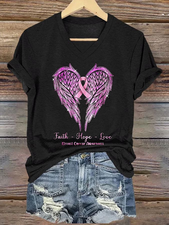Women's Faith-Hope-Love Breast Cancer Awareness Printed Casual V-Neck T-Shirt