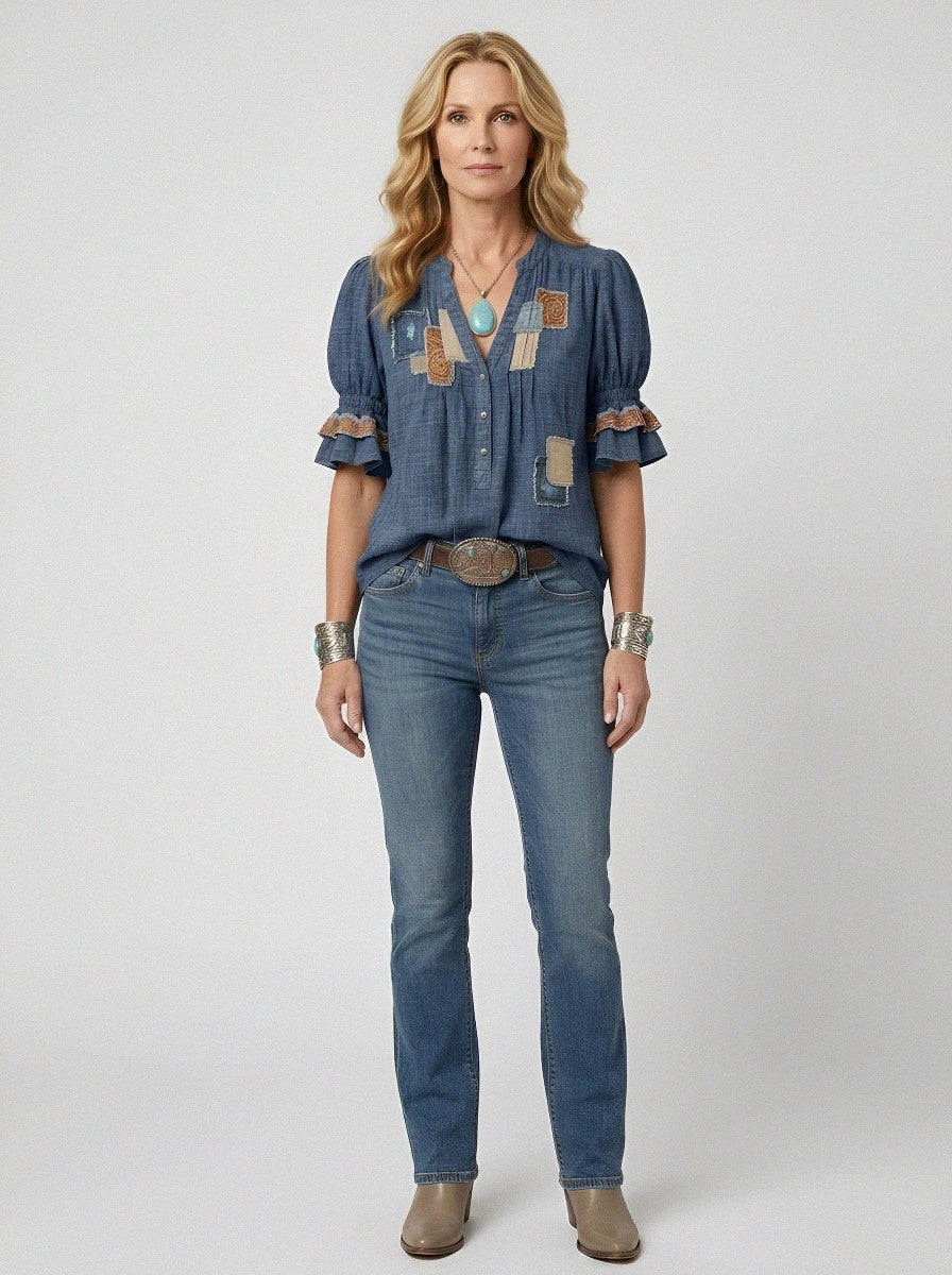 Women's Western Vintage Patchwork Floral Printed Top