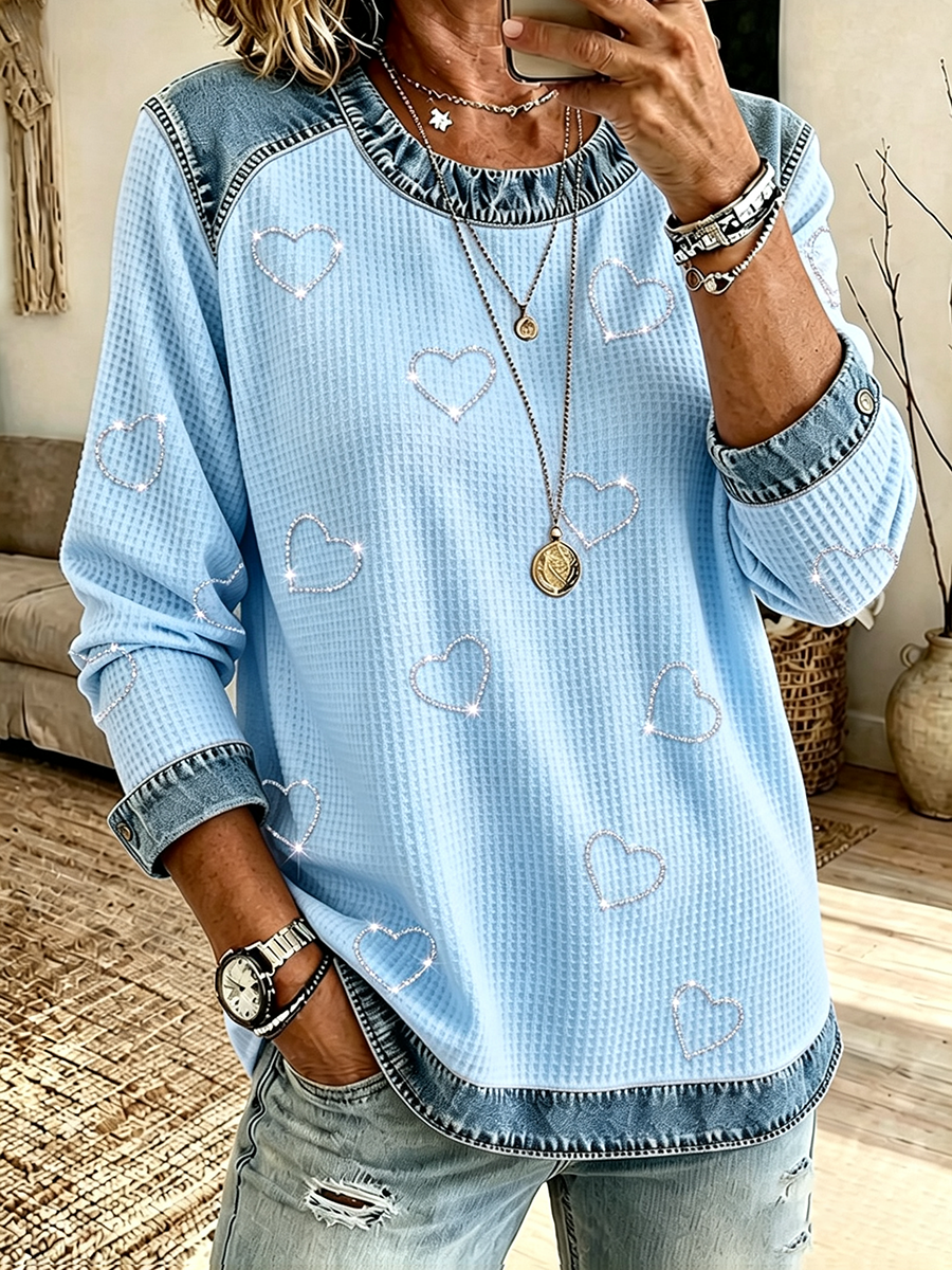 Women's Casual Heart-Shaped Rhinestone Sweatshirt