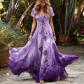 Women's Retro Purple Rose Gradient Pattern Casual V-neck Dress