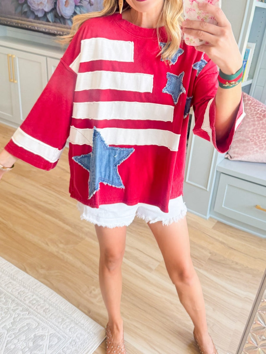 Vintage Red White Stripe Star Applied Patriot Oversized Hoodie