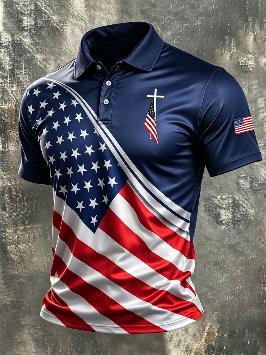 Men's Retro Artistic Faith American Flag Print Polo Shirt