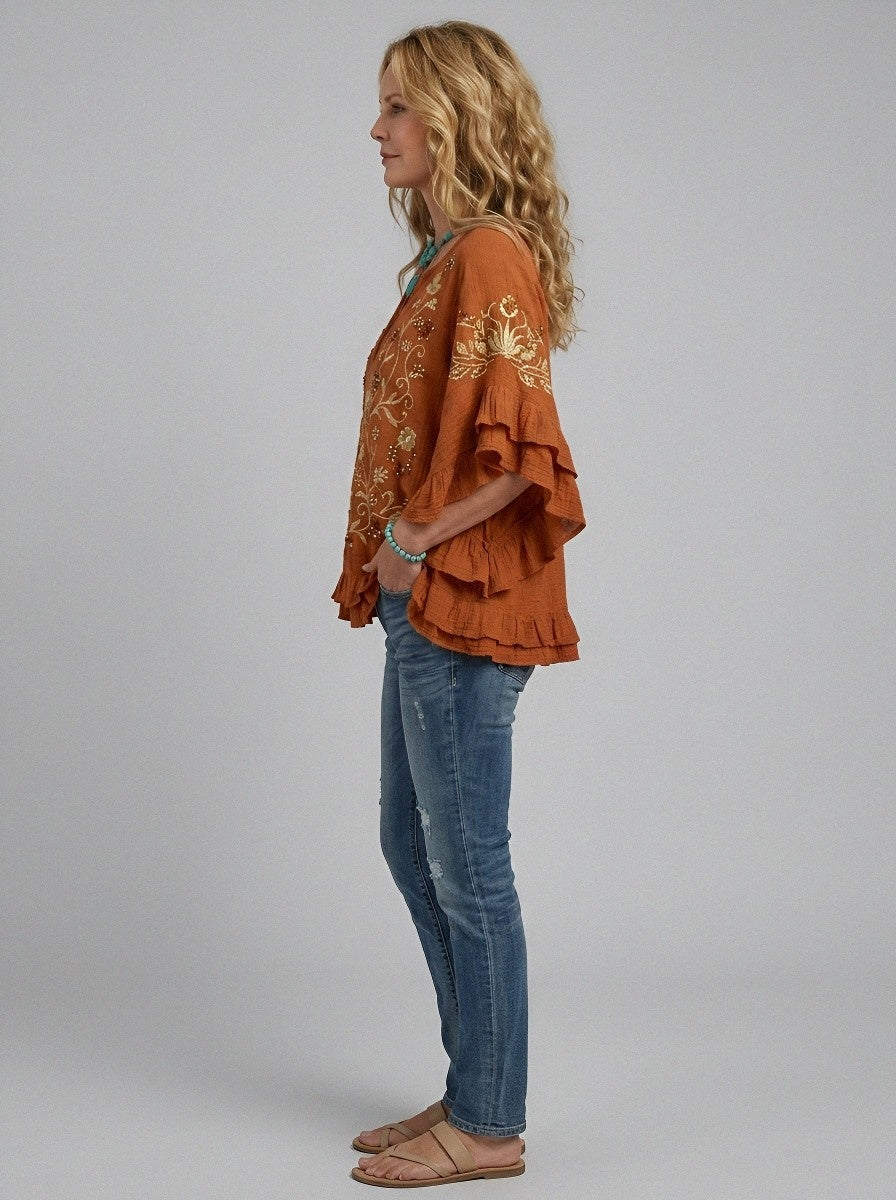 Women's Western Vintage Floral Embroidered Ruffle Sleeve Top