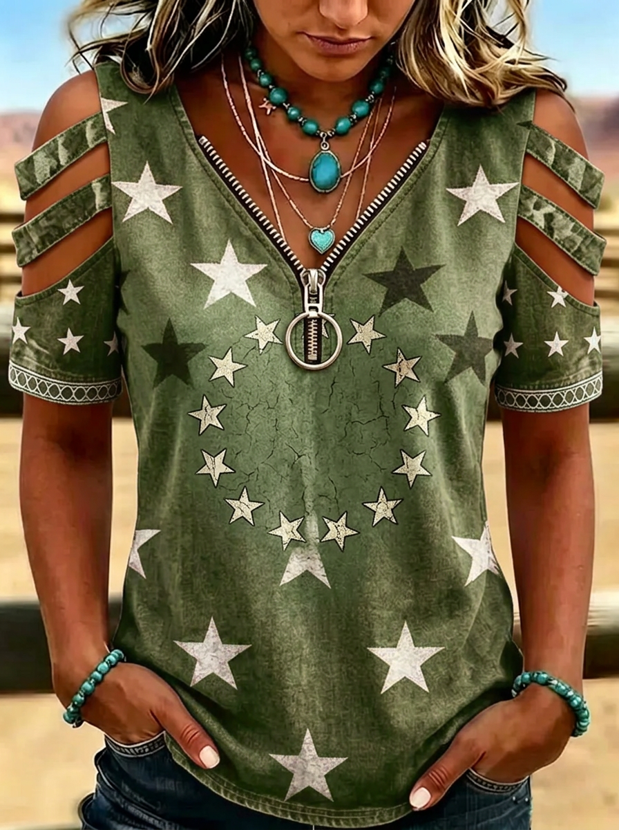 Women's Western Independence Day Star Pattern Printed Cold Shoulder T-shirt