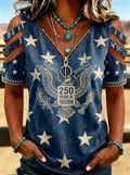 Women's Western Independence Day Eagle Stars Printed Cold Shoulder T-shirt-2