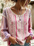 Women's Retro Breast Cancer Floral Print Long-Sleeved Top