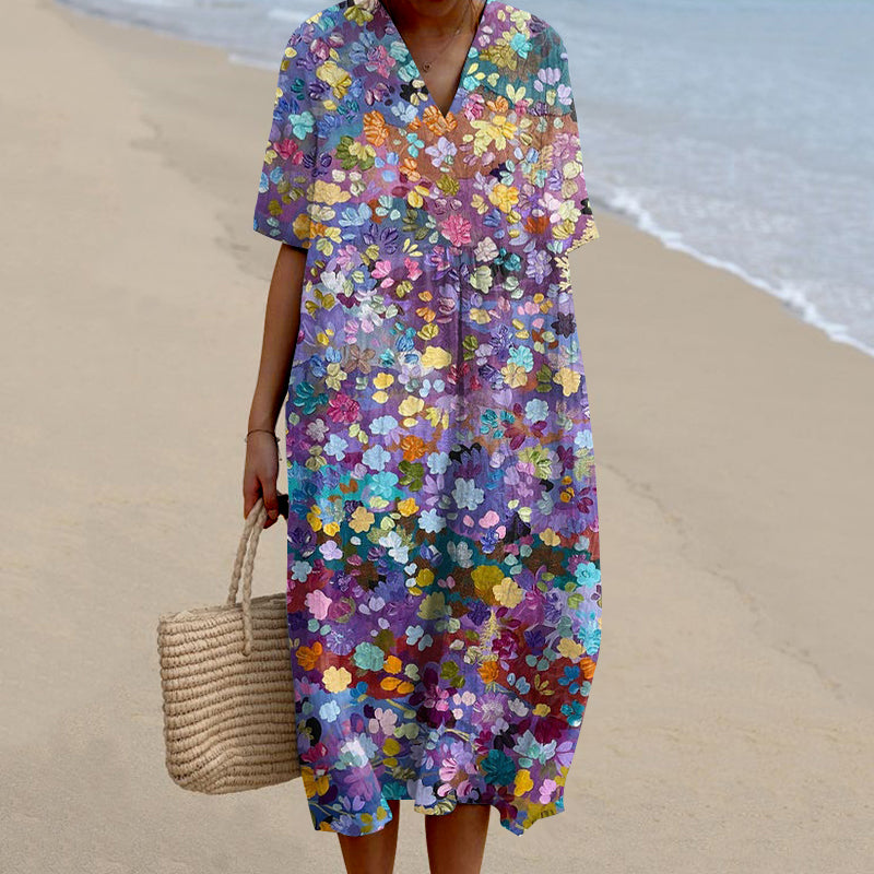 Women's Vintage Colorful Floral Art Print Casual V-neck Dress
