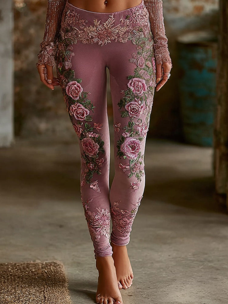 Women's Retro Purple Floral Pattern Casual Leggings