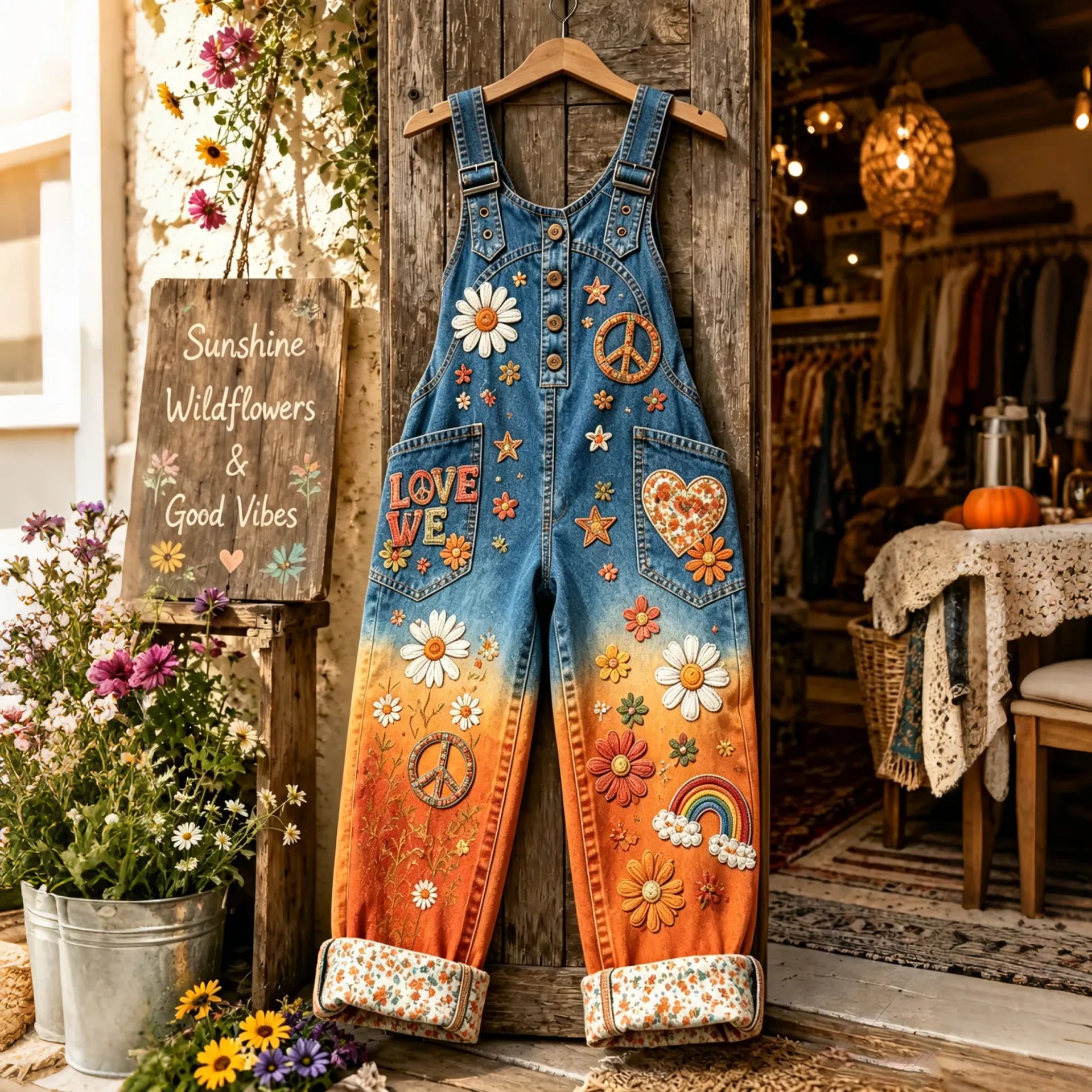 Women's Retro Floral Hippie Print Casual Cotton Linen Overalls