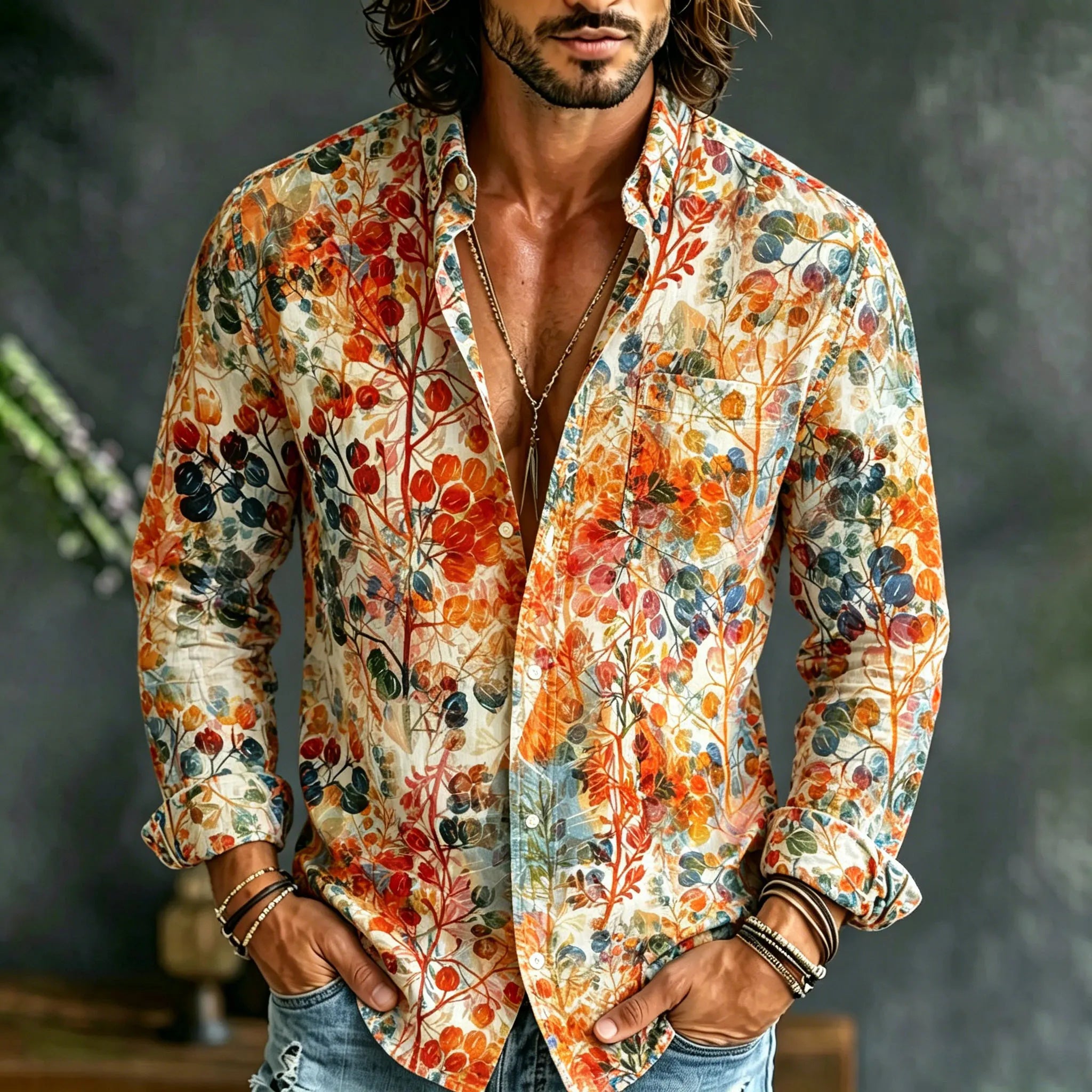 Men's Retro Hippie Floral Design Cotton Linen Long-sleeved Shirt