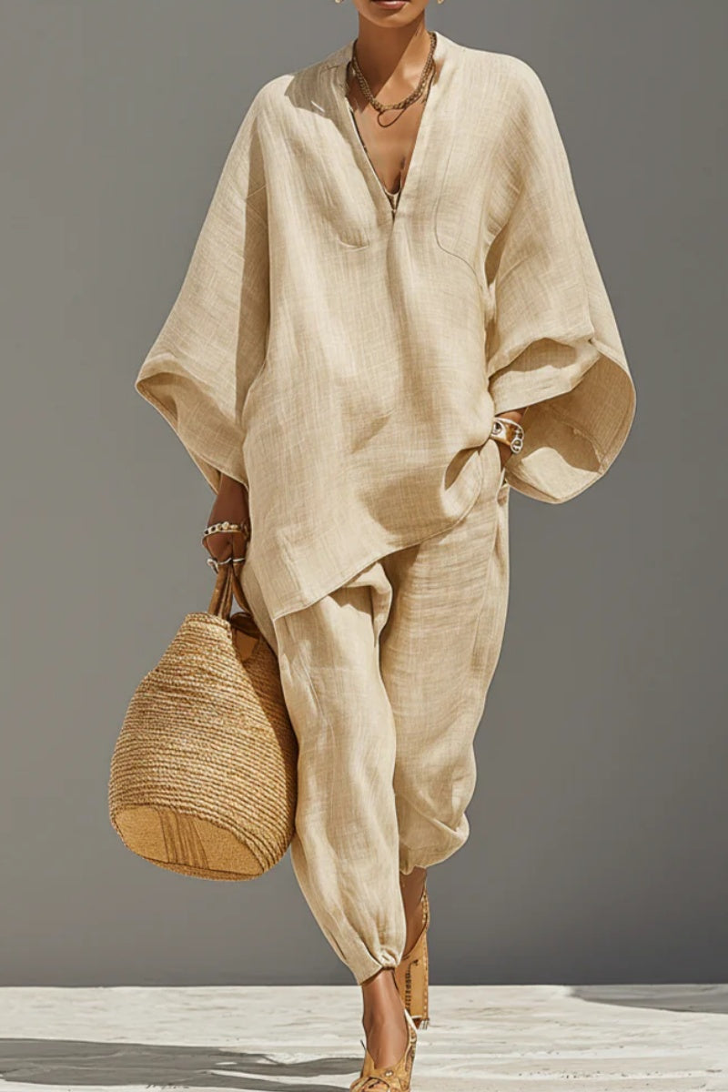 Women's Neutral Linen Set With Asymmetric Hem & Minimalist Design, Sophisticated Daily-Casual Style Set