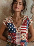 Women's Retro Floral Patchwork Print Casual V-Neck T-Shirt