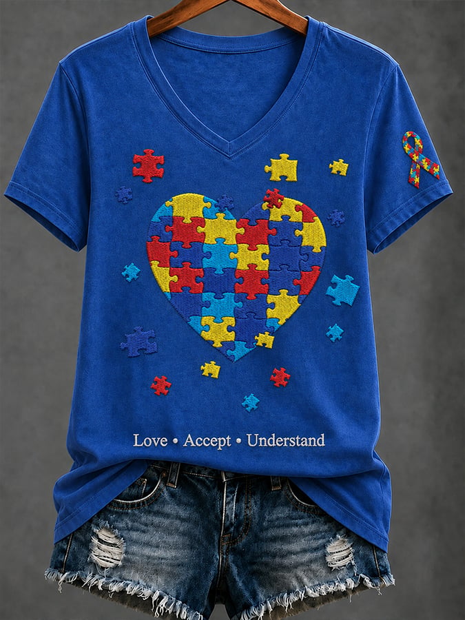 Women'S Casual V-Neck Top With Autism Awareness Print