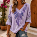 Women's Retro Feather Embroidered V Neck Casual T-shirt