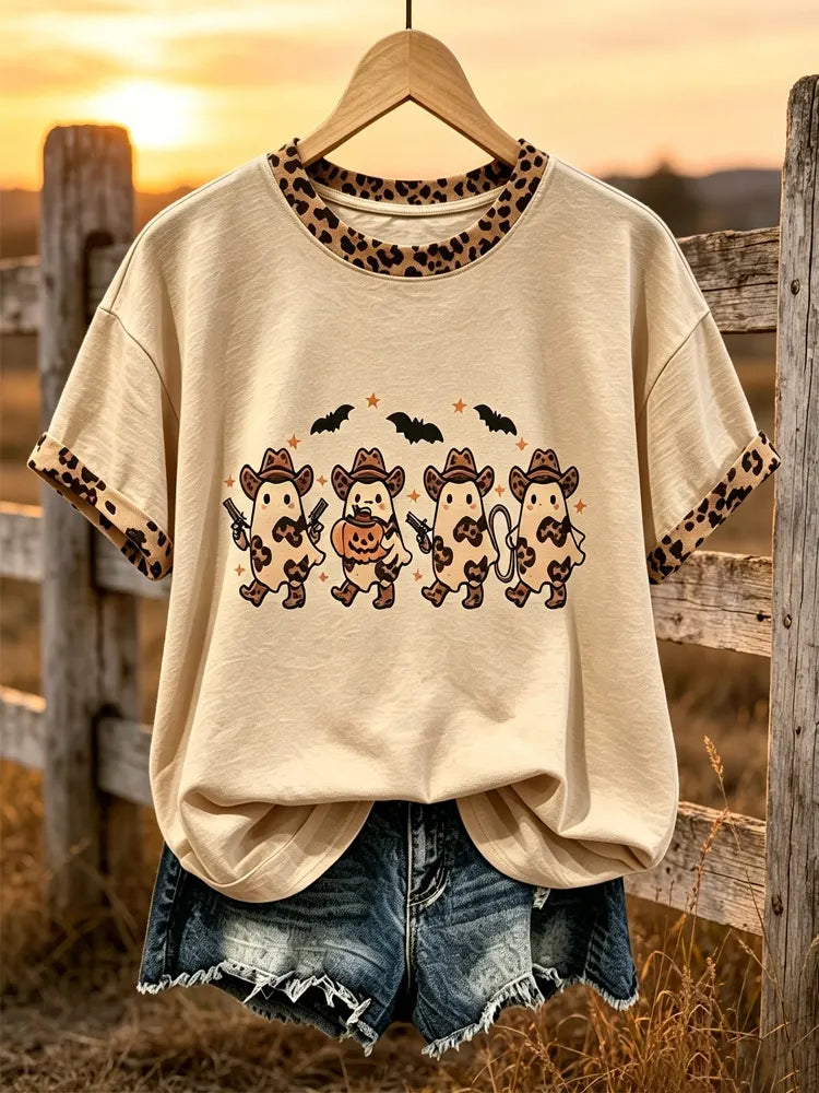 Women's Halloween Short-sleeve Top With Four Leopard Print Ghost Fun Patterns