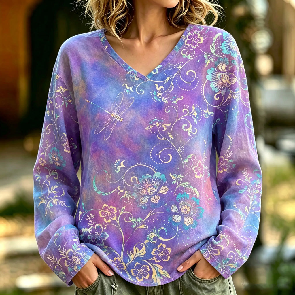Women's Retro Gradient Floral Dragonfly Print Casual Cotton Linen Long-sleeve T-shirt