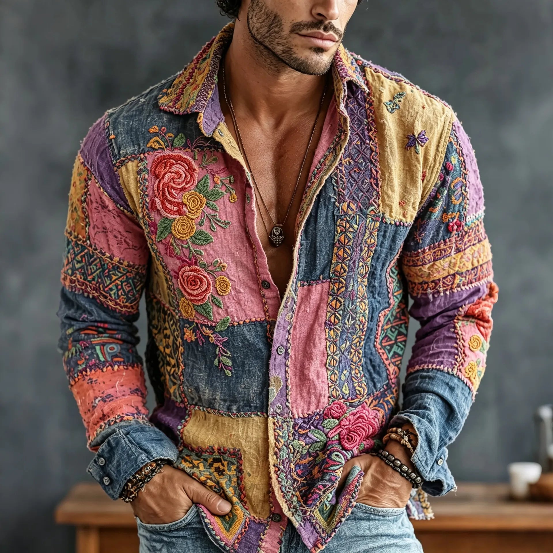 Men's Vintage Floral Patchwork Embroidered Art Print Flowy Linen Blend Casual Shirt