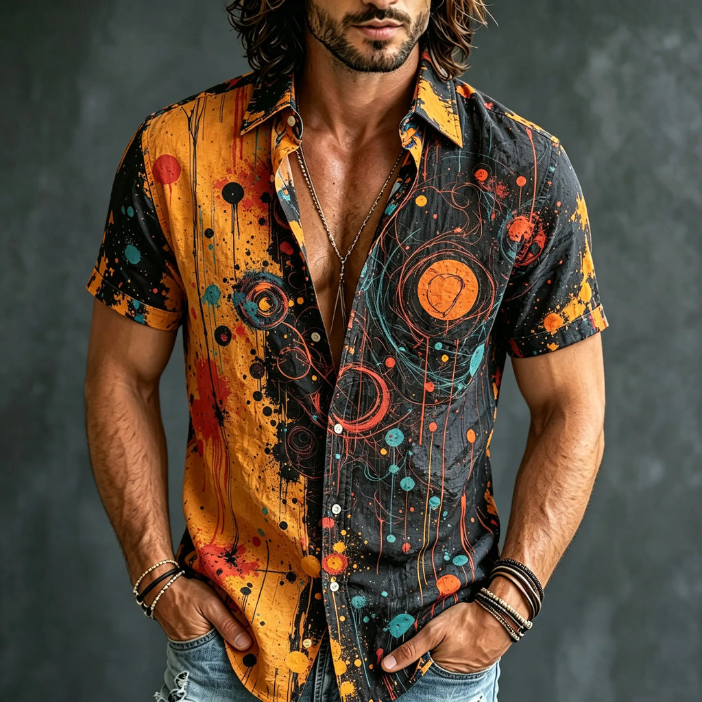 Men's Retro Hippie Style Printed Cotton Linen Short-sleeve Shirt 1
